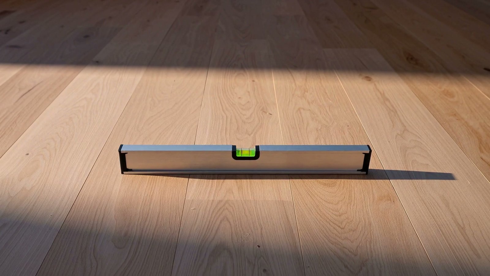 A spirit level resting on a newly finished wood floor in low morning light.